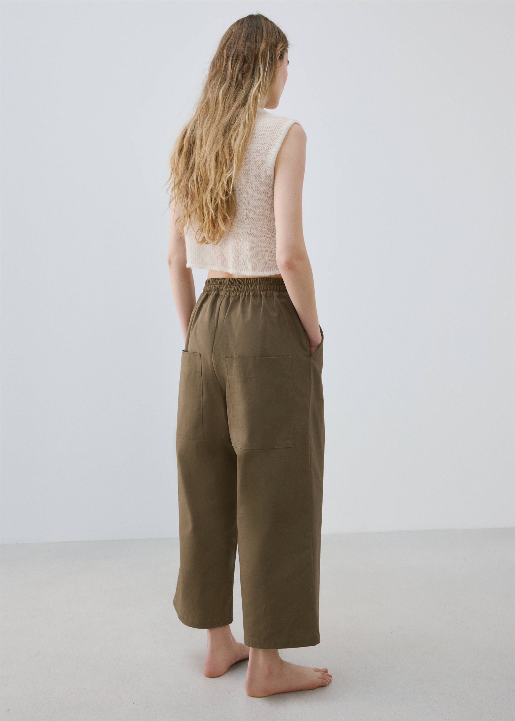 Long cotton pyjama trousers - Reverse of the article, Khaki. Ref: 27033322-00.