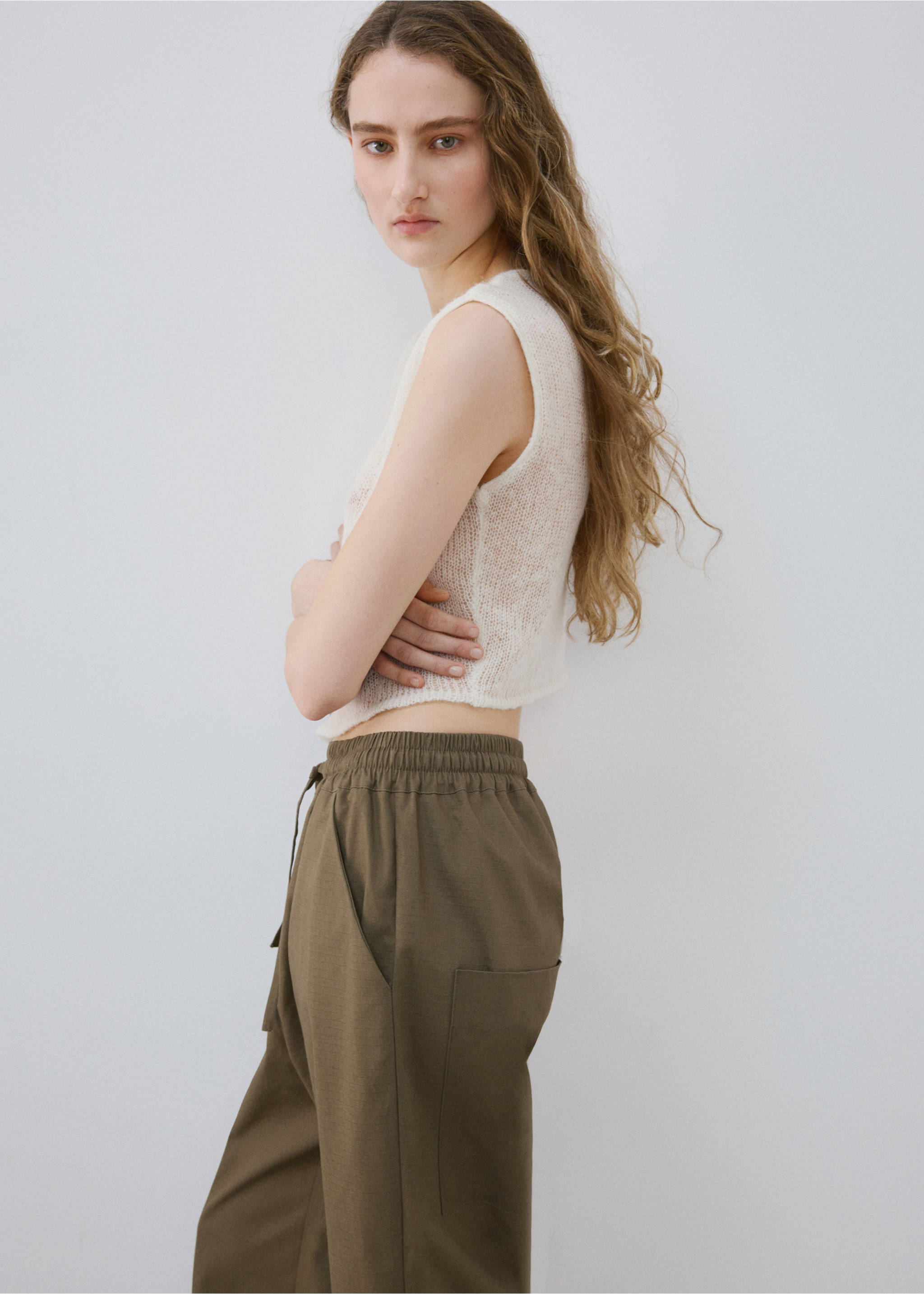 Long cotton pyjama trousers - Details of the article 1, Khaki. Ref: 27033322-00.