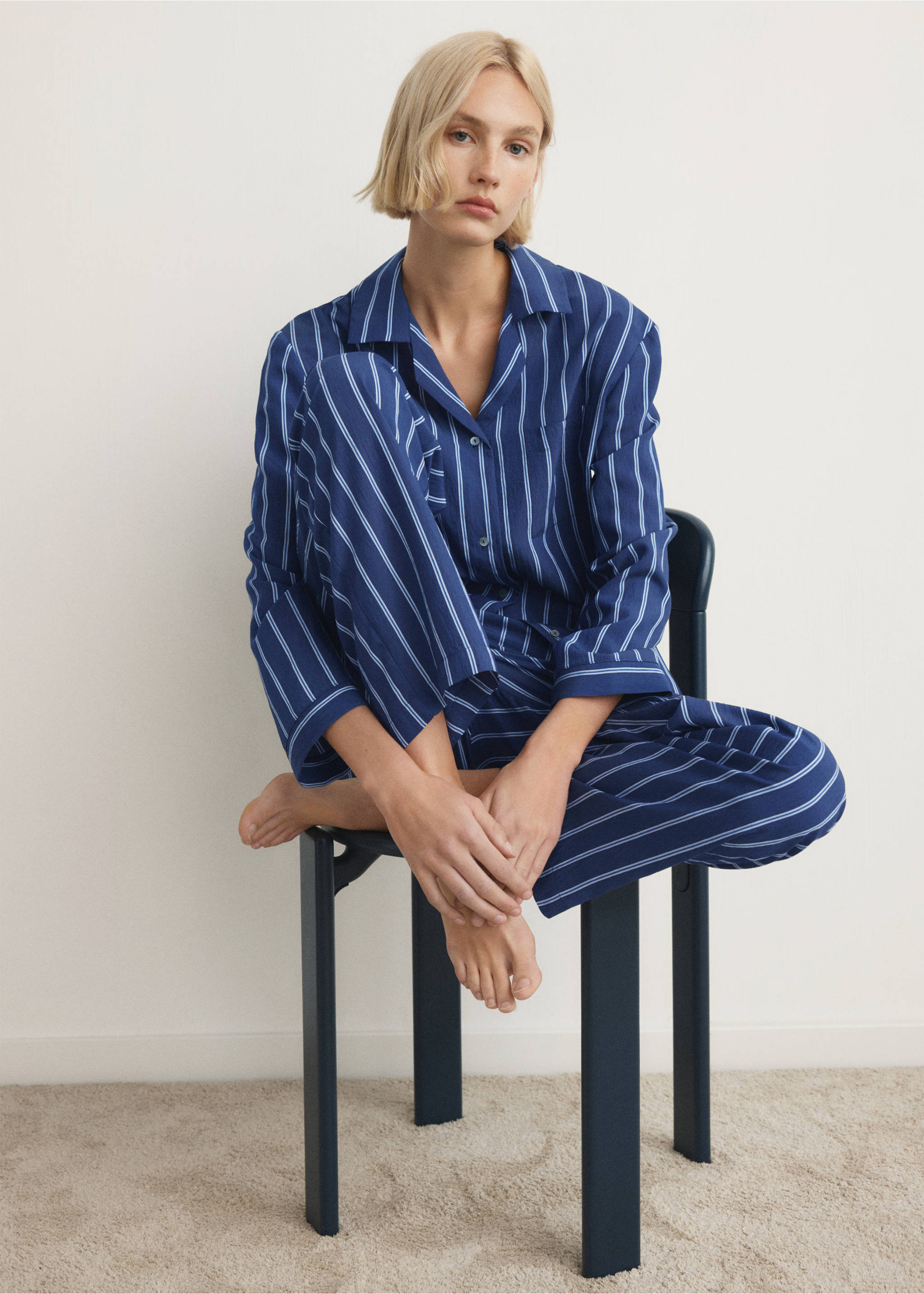 Striped pajama trousers - Details of the article 1, Indigo Blue. Ref: 27033323-00.