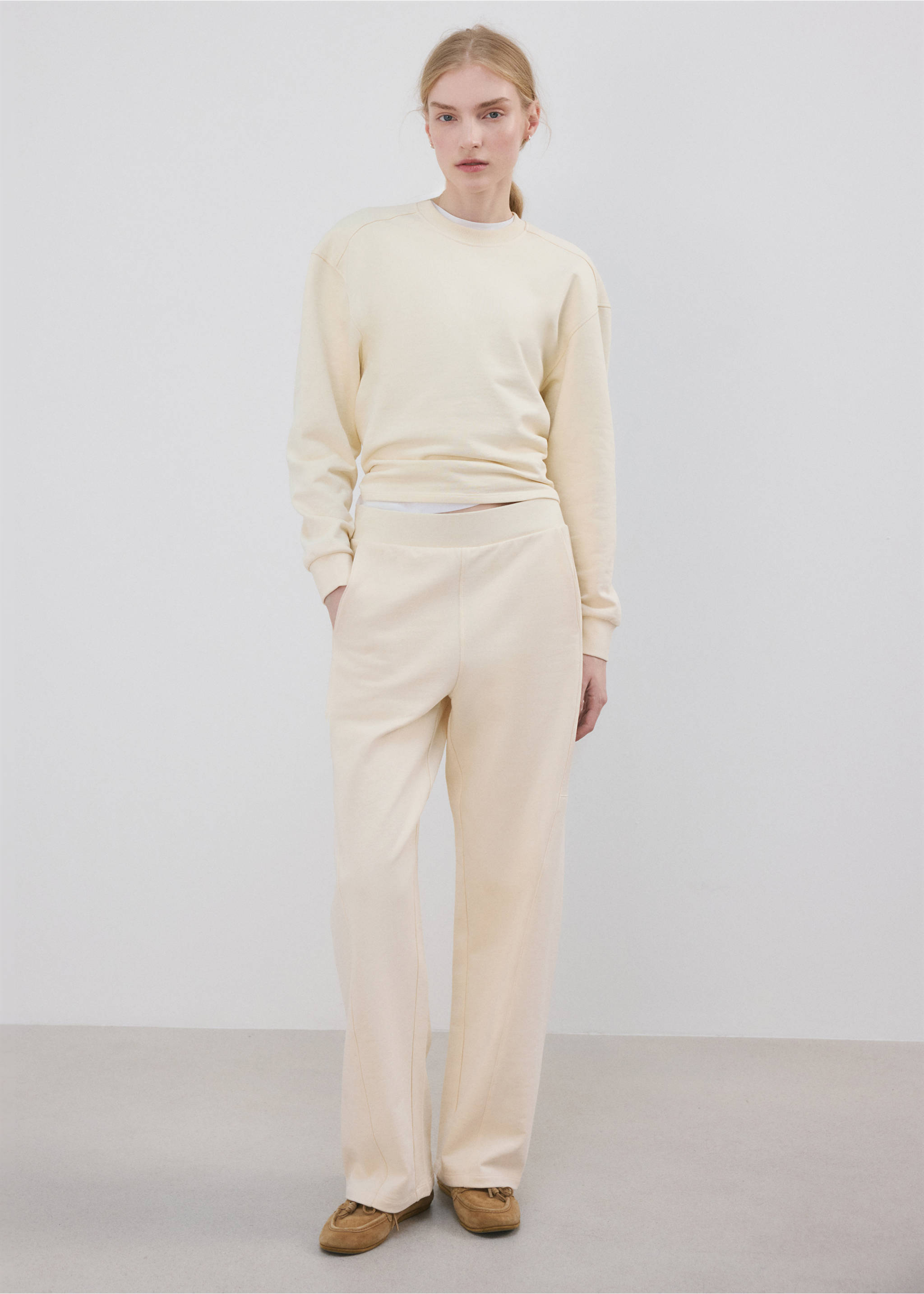 Elastic waist cotton trousers - General plane, Pastel Yellow. Ref: 27033336-01.