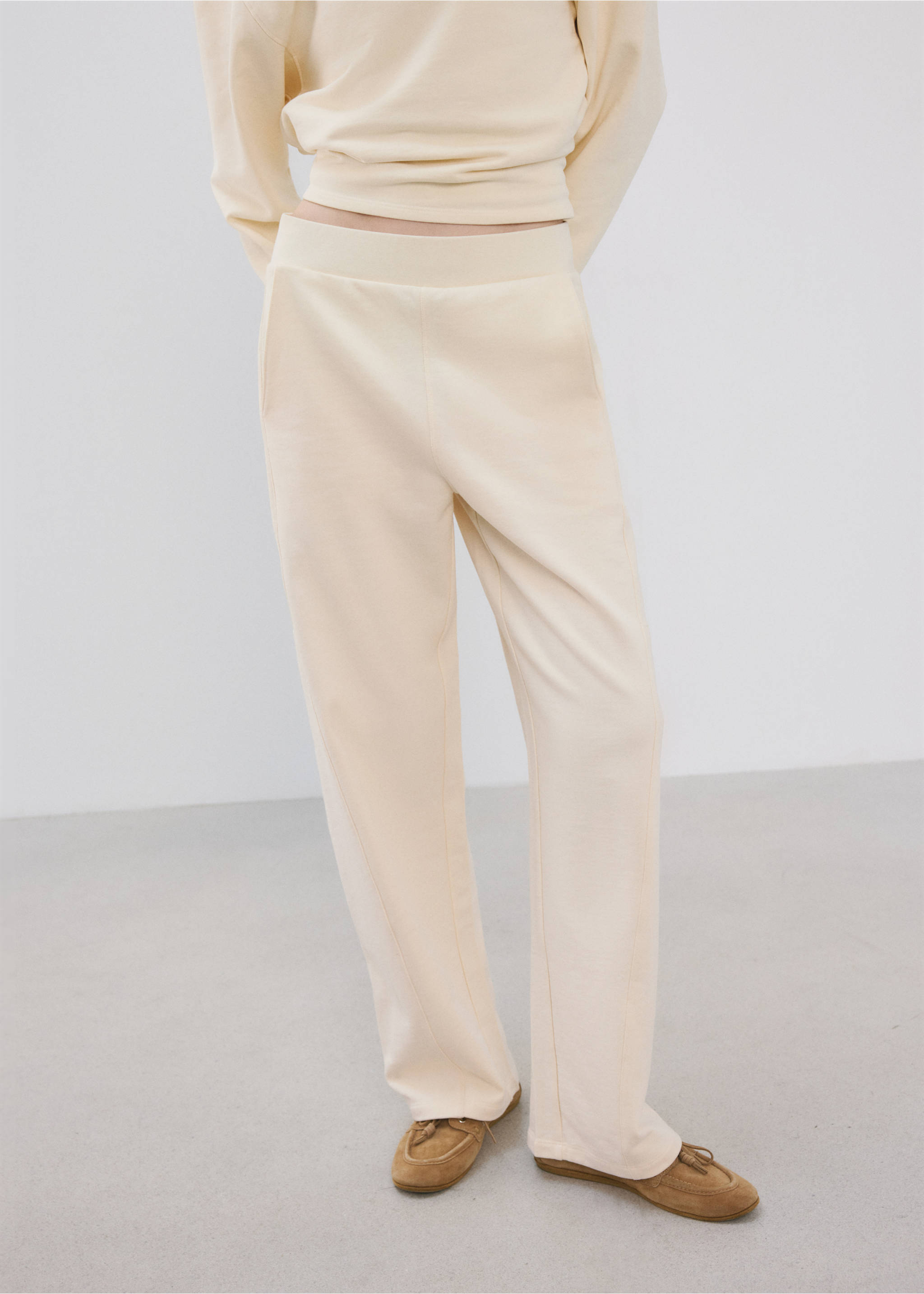 Elastic waist cotton trousers - Medium plane, Pastel Yellow. Ref: 27033336-01.