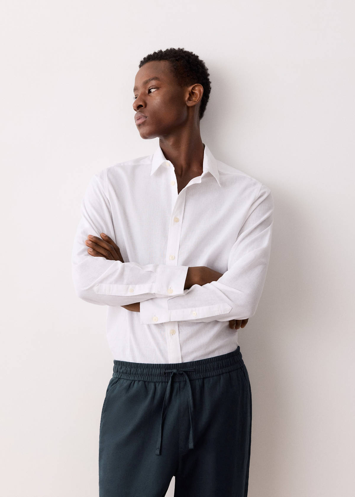 Cotton linen drawstring trousers — Navy