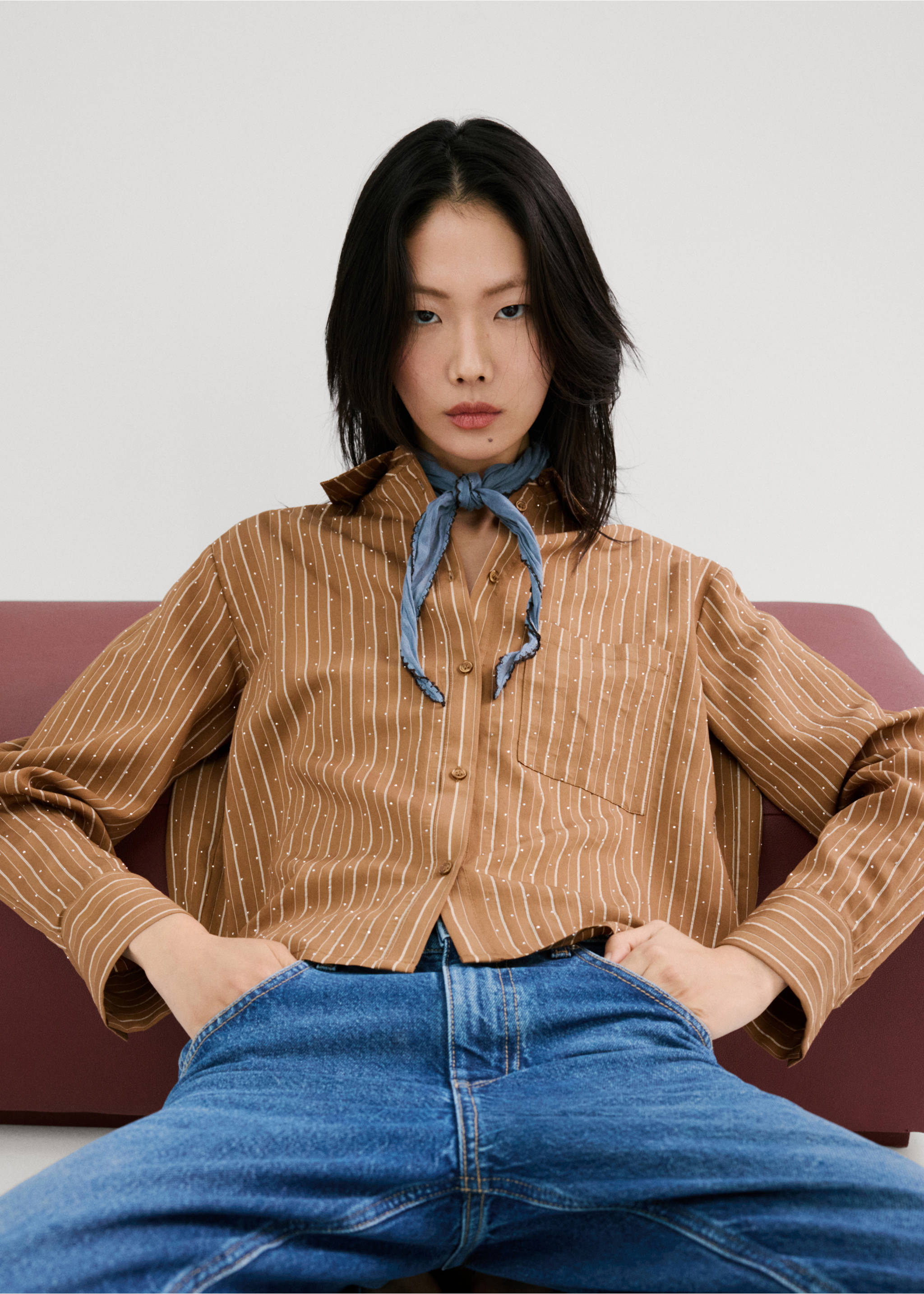 Striped shirt with rhinestone detail - Medium plane, Brown. Ref: 27034094-00.