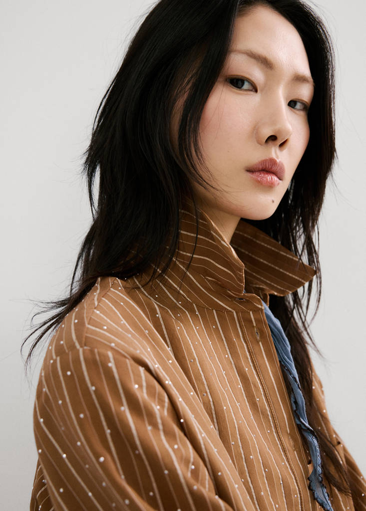 Striped shirt with rhinestone detail — Brown