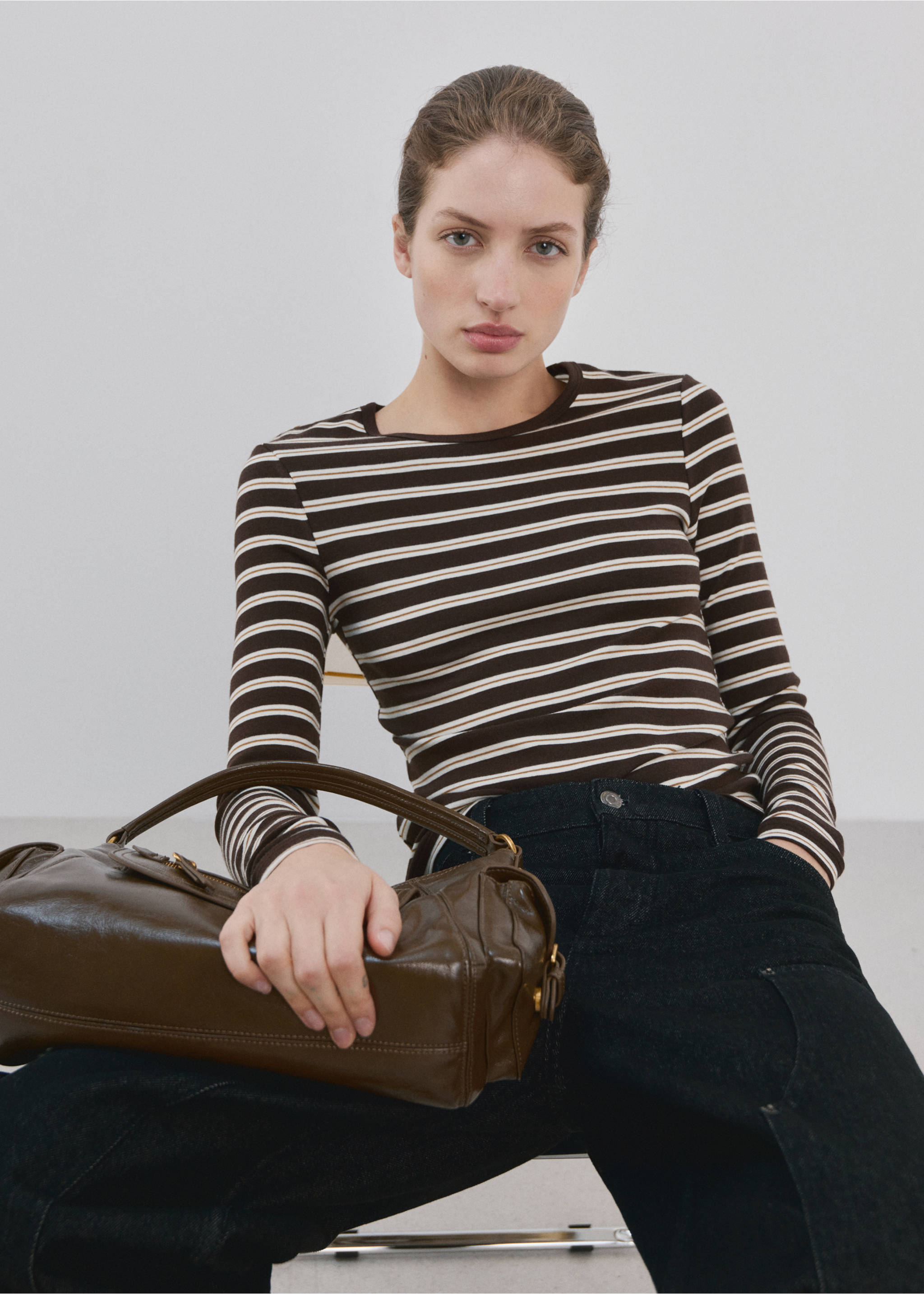 Striped long sleeves t-shirt - Details of the article 2, Brown. Ref: 27034095-00.