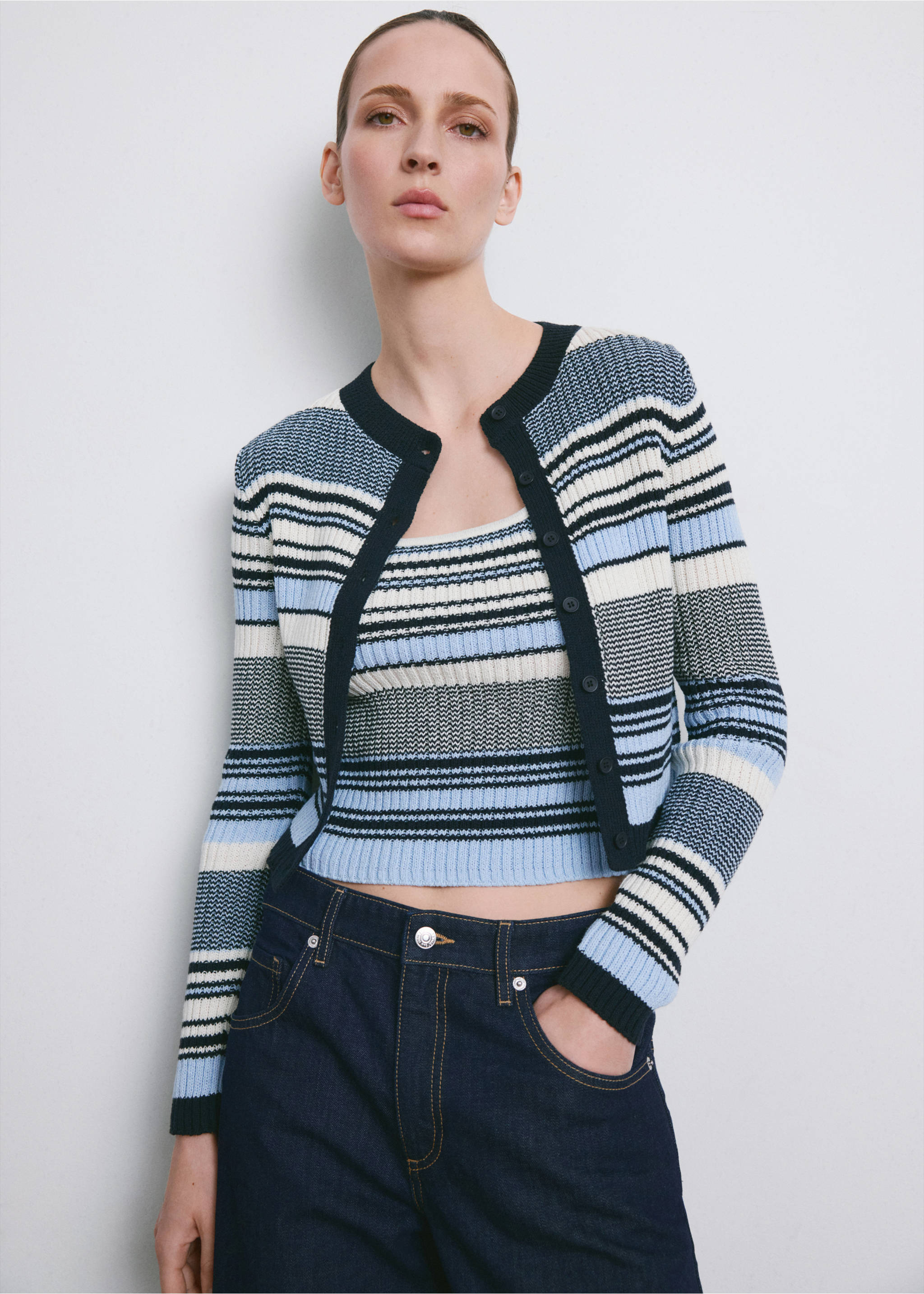 Stripped knit cardigan - Medium plane, Blue. Ref: 27034099-00.
