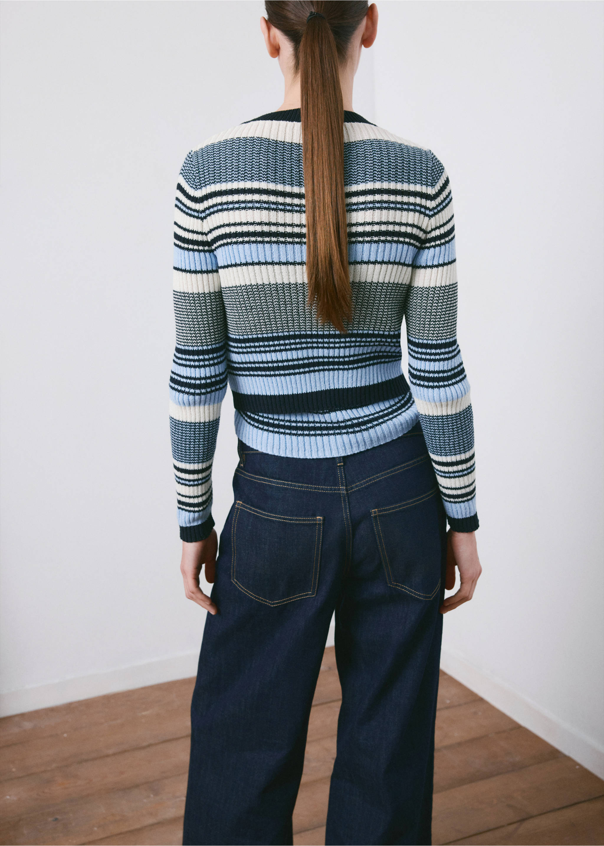 Stripped knit cardigan - Reverse of the article, Blue. Ref: 27034099-00.