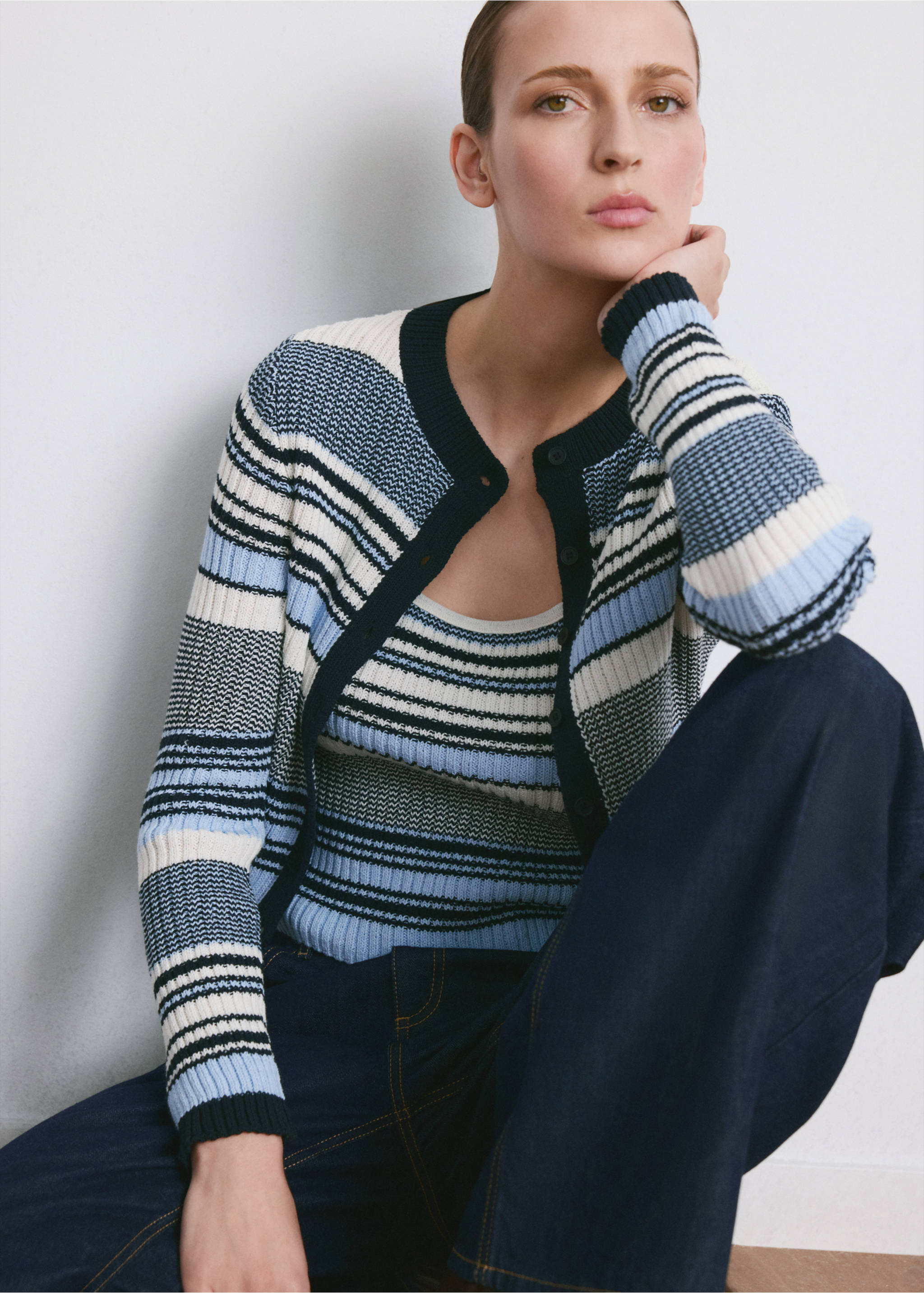 Stripped knit cardigan - Details of the article 2, Blue. Ref: 27034099-00.