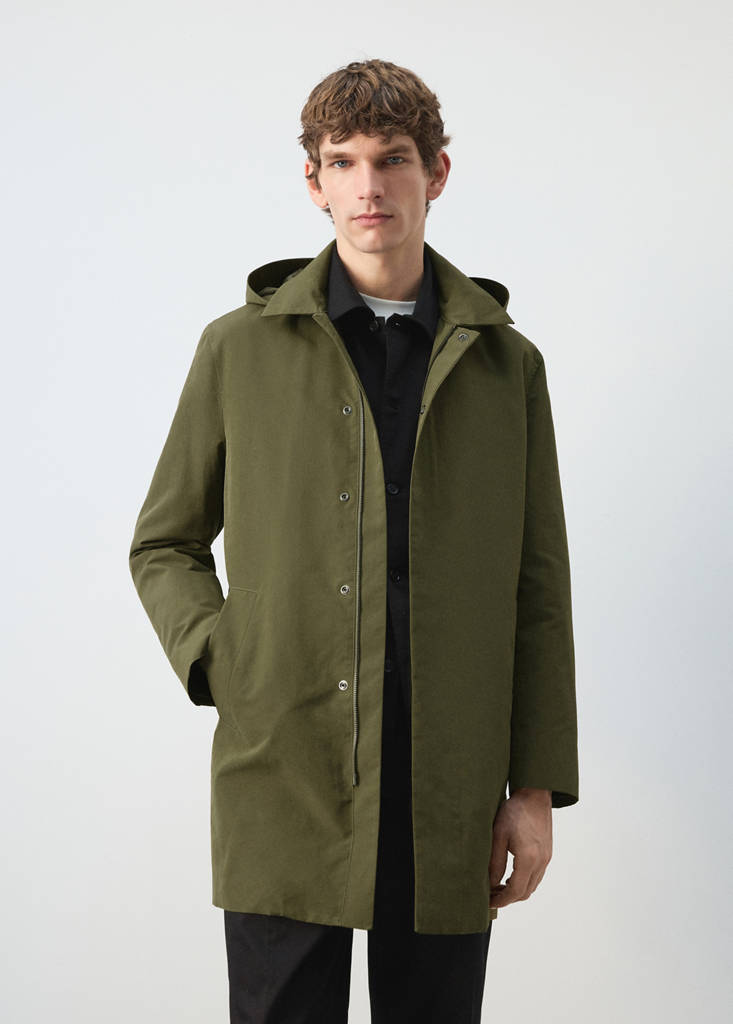 Water-repellent parka with removable hood — Olive Green