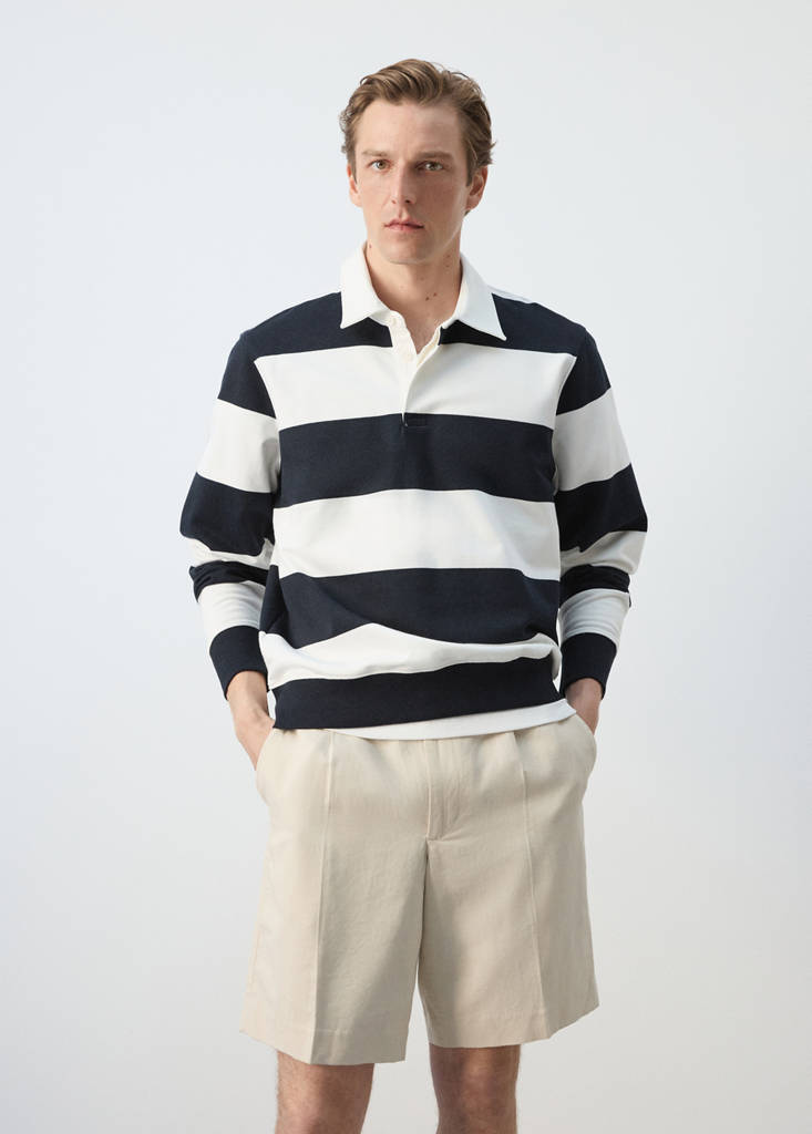 Striped polo sweatshirt in 100% cotton — White