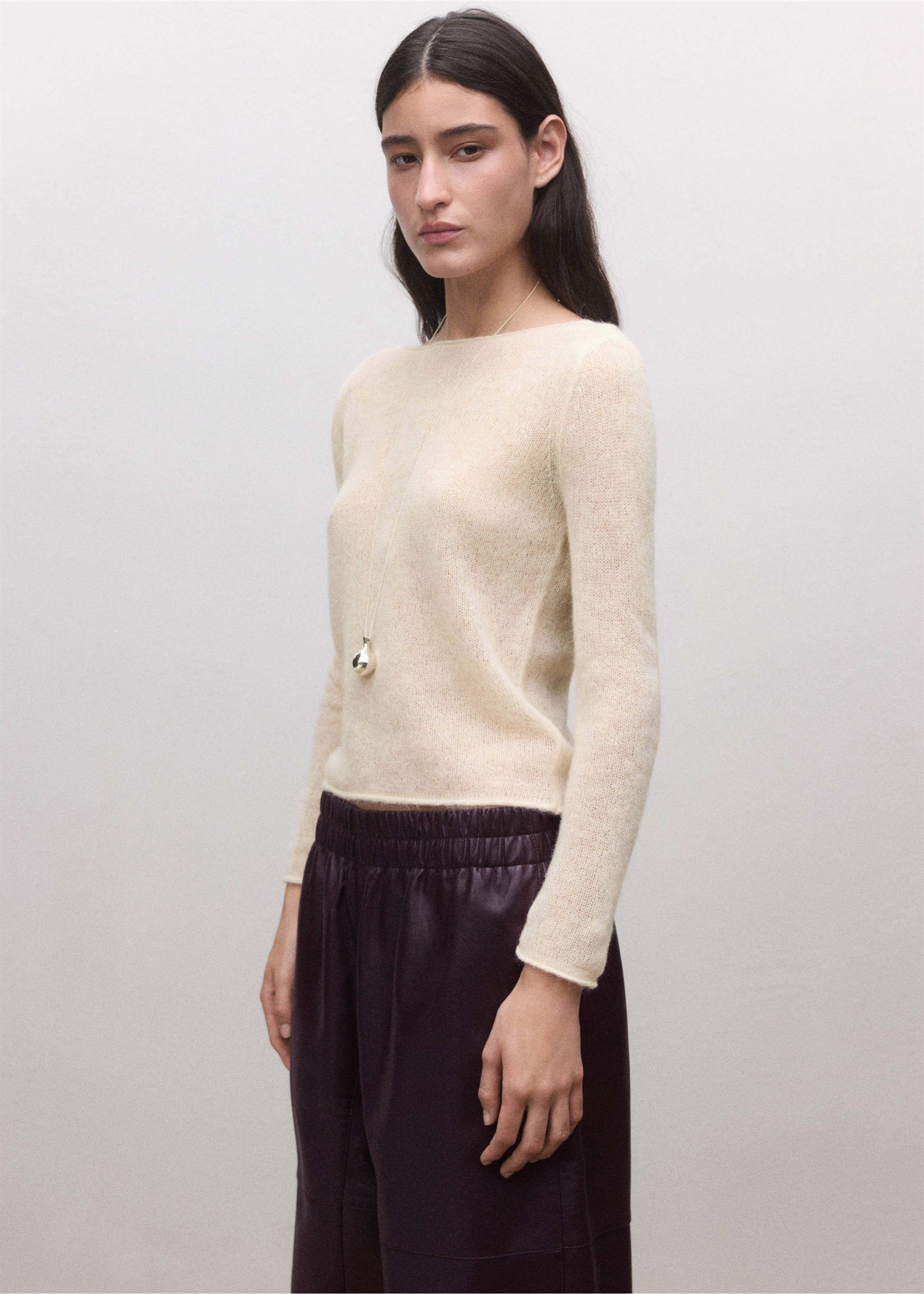 Semi-transparent alpaca sweater - Medium plane, Ecru. Ref: 27034444-00.