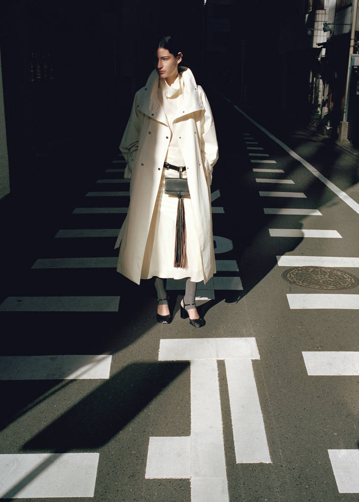 Oversized funnel-neck trench coat with belt