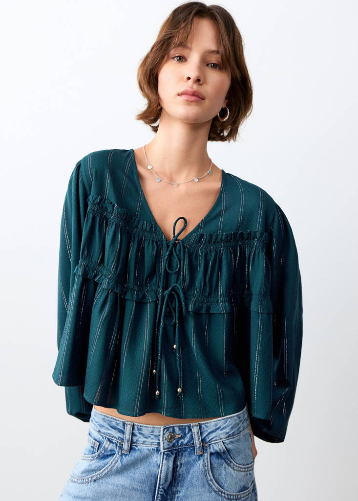 Lurex blouse with ties — Petrol Blue