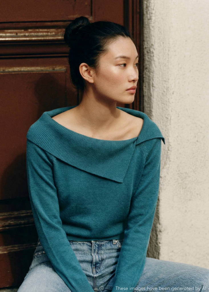 Knitted sweater with asymmetrical neck — Petrol Blue