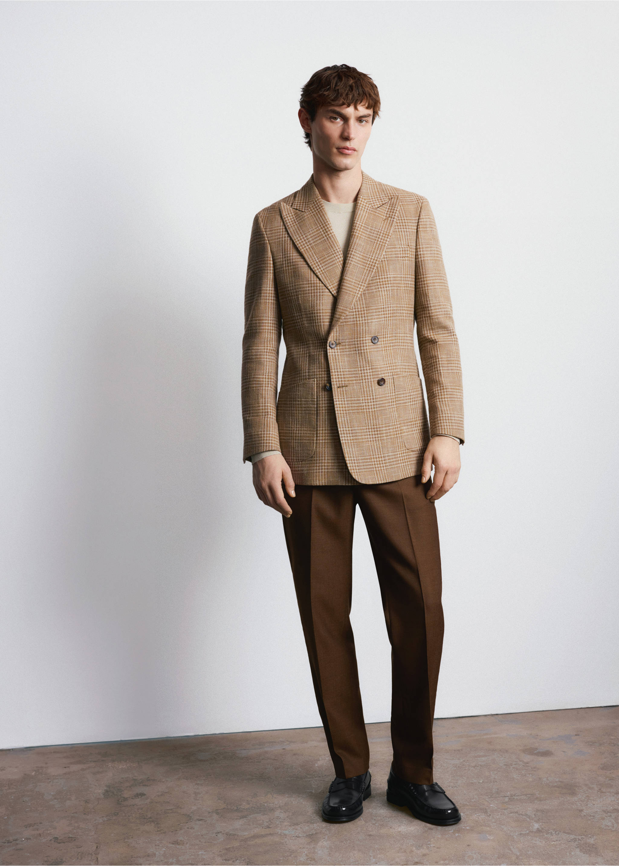 Двубортный пиджак приталенного кроя из ткани Lanificio Campore® - Общий план, Оранжевый. Ref: 27035149-00.