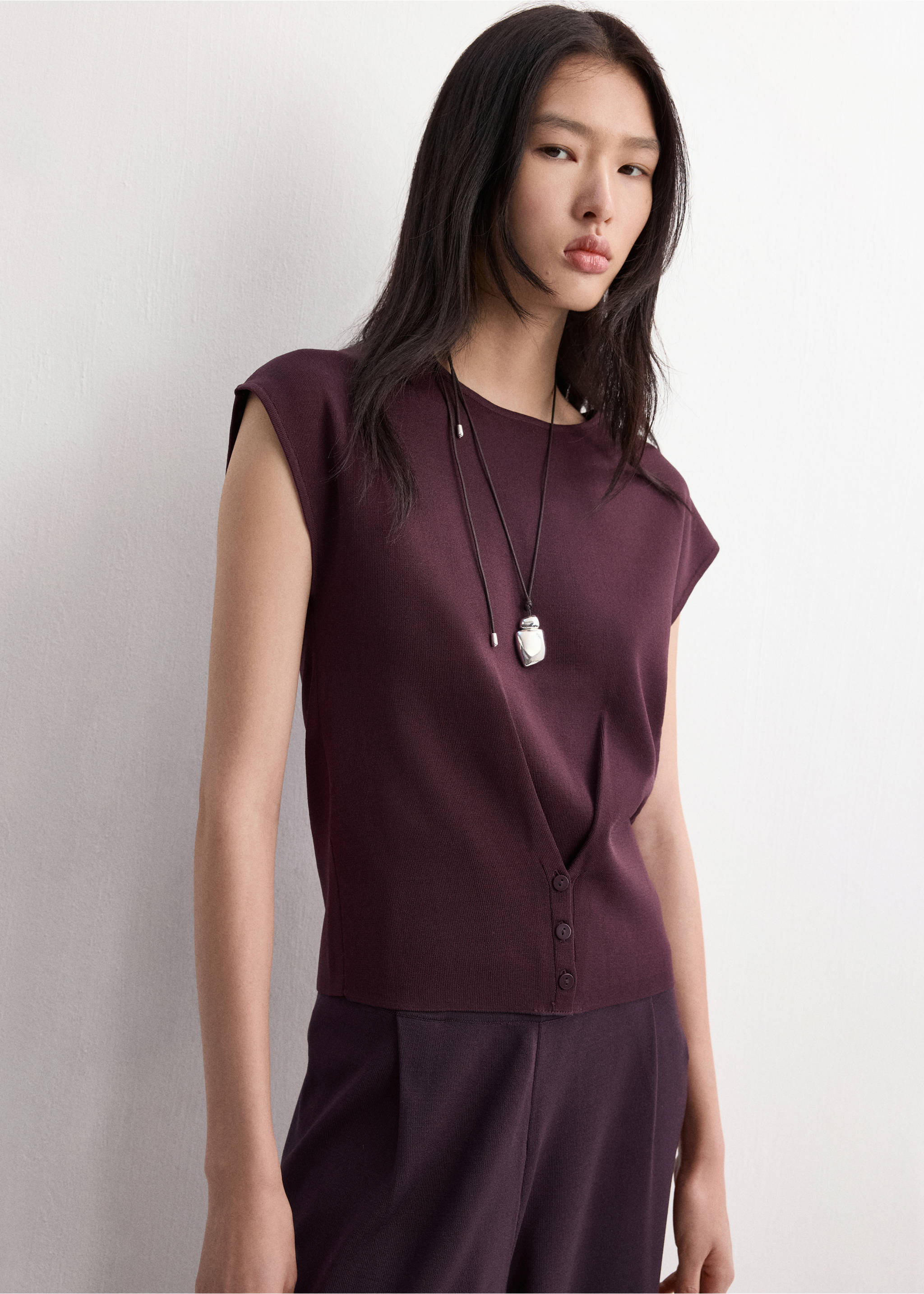 Buttoned knit top - Medium plane, Burgundy. Ref: 27035820-00.