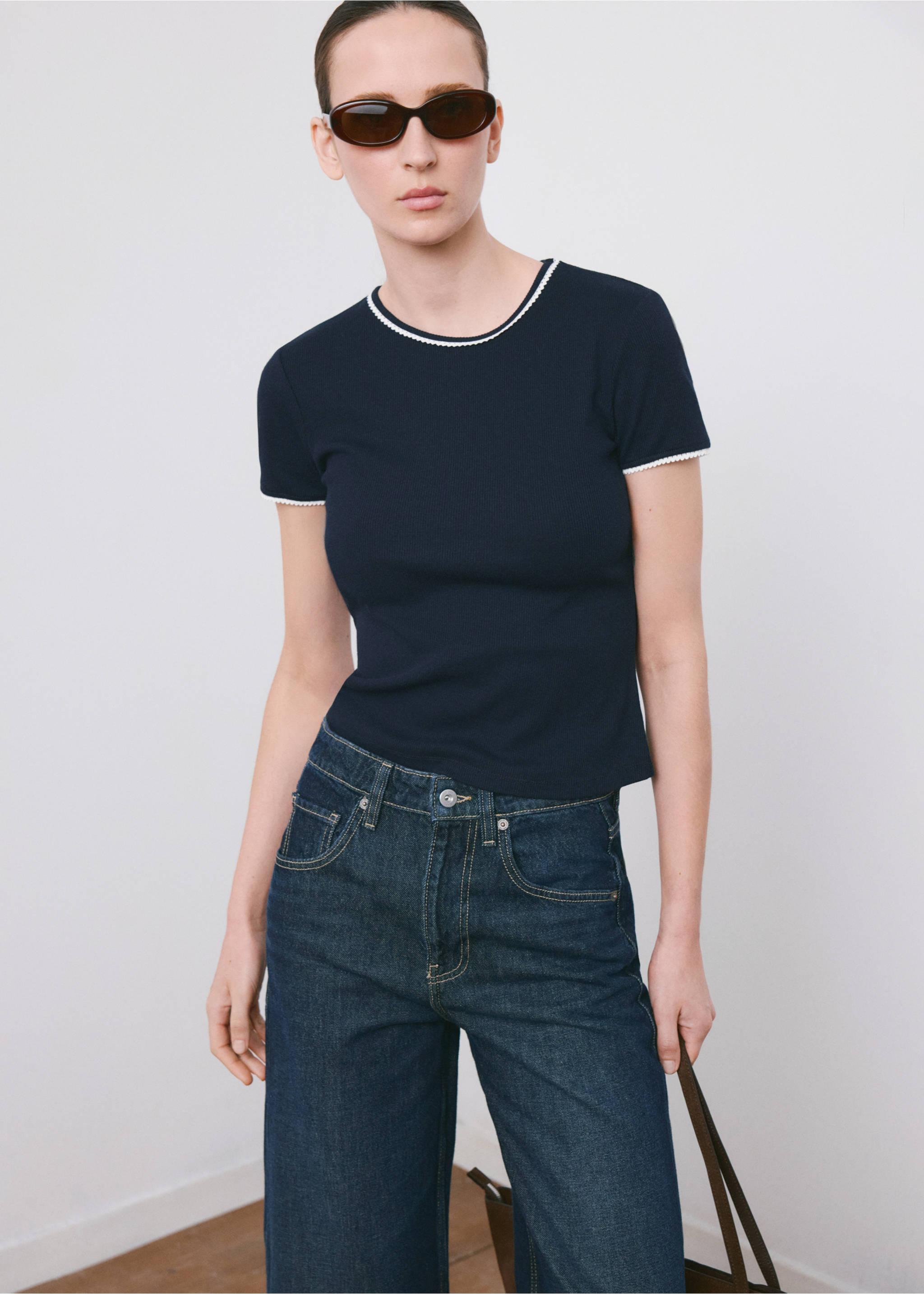 Contrast trim T-shirt - Medium plane, Navy. Ref: 27035826-00.