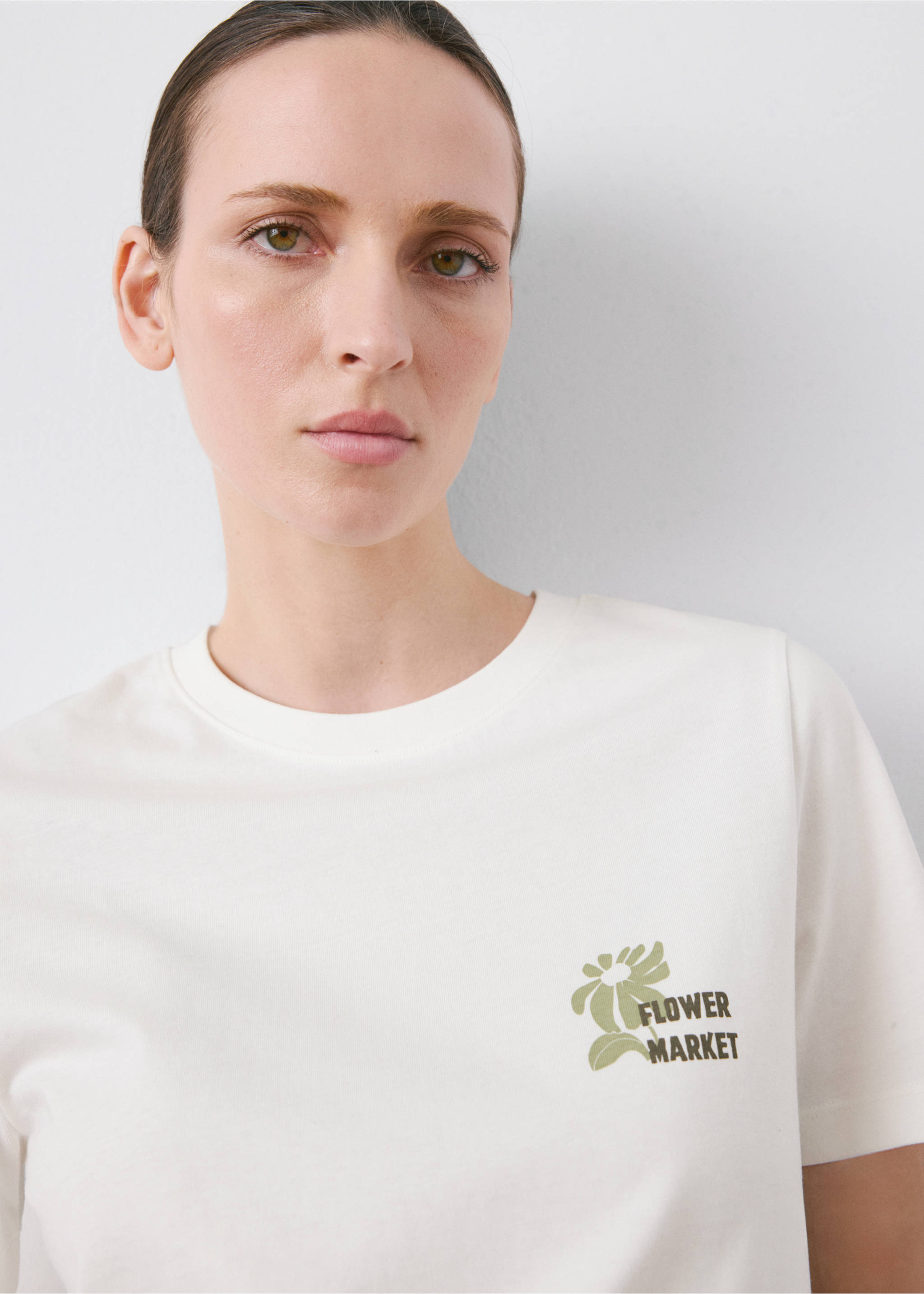 Printed cotton-blend t-shirt - Details of the article 1, Khaki. Ref: 27035828-00.