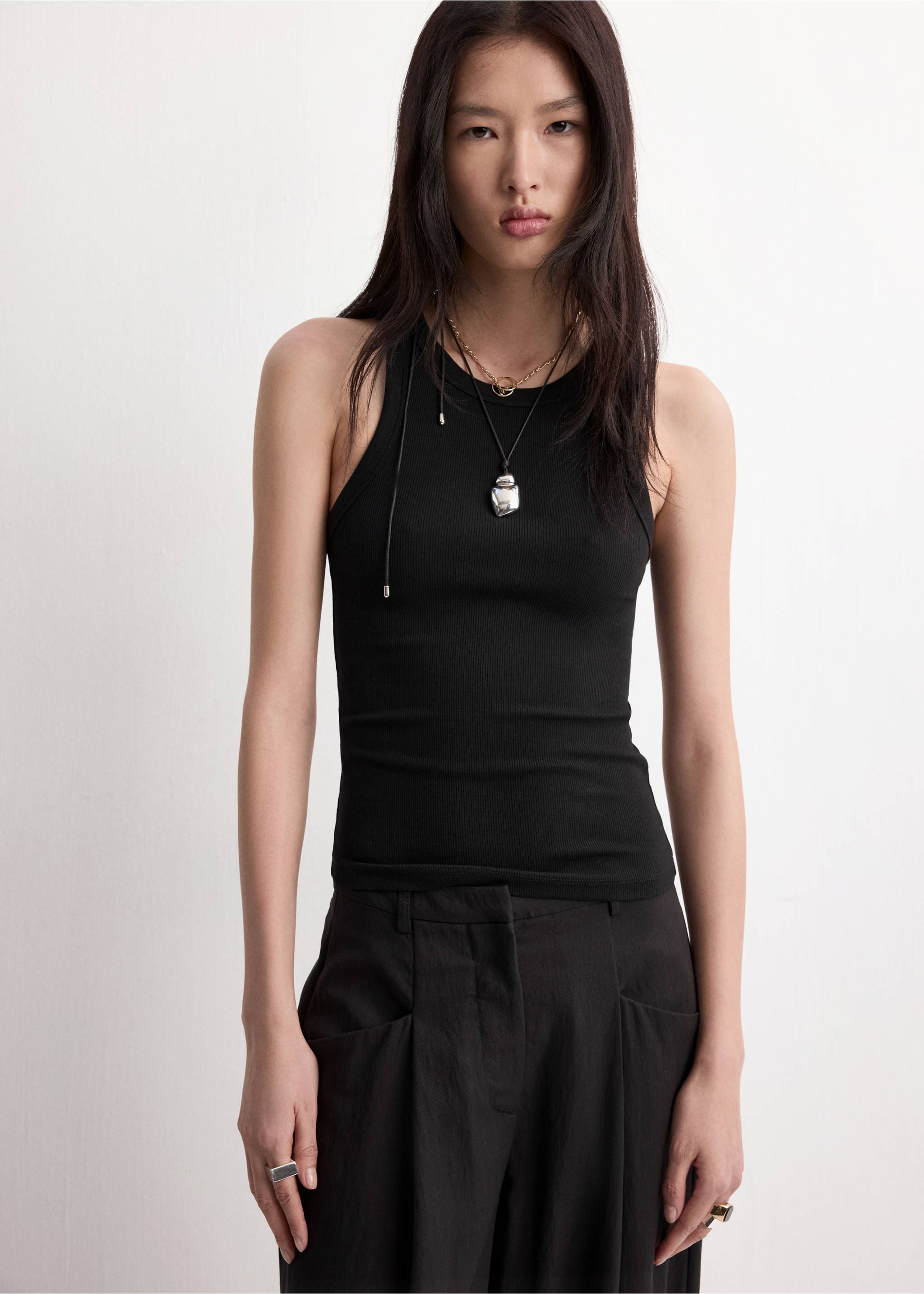 Wideleg lyocell trousers - Details of the article 1, Black. Ref: 27035832-00.