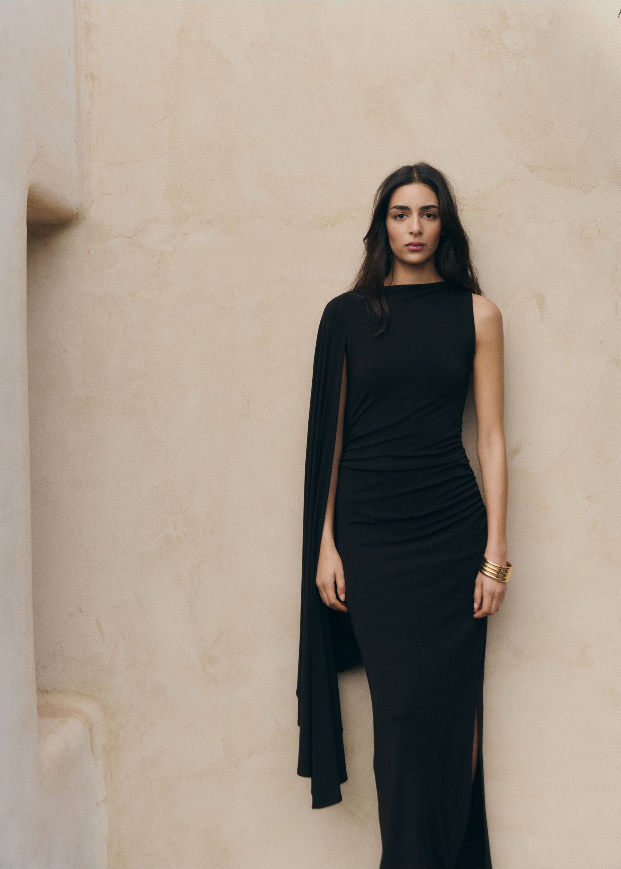 Asymmetric cape long dress - Details of the article 1, Black. Ref: 27035840-00.
