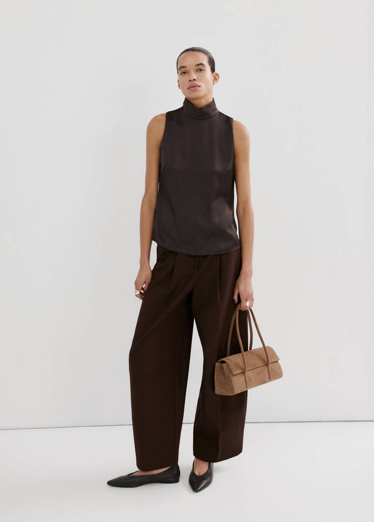 High collar satin blouse — Chocolate
