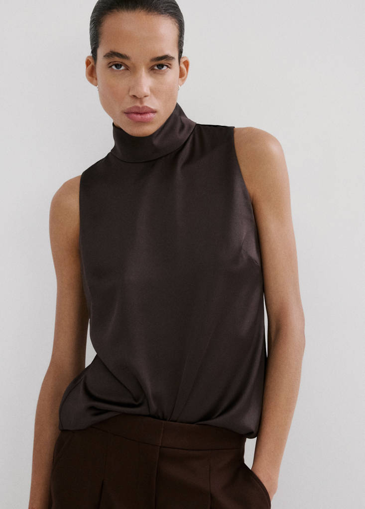 High collar satin blouse — Chocolate
