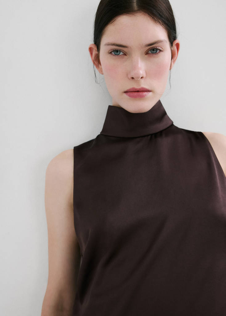 High collar satin blouse — Chocolate