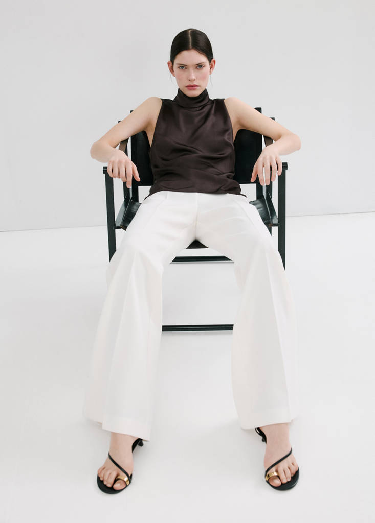High collar satin blouse — Chocolate