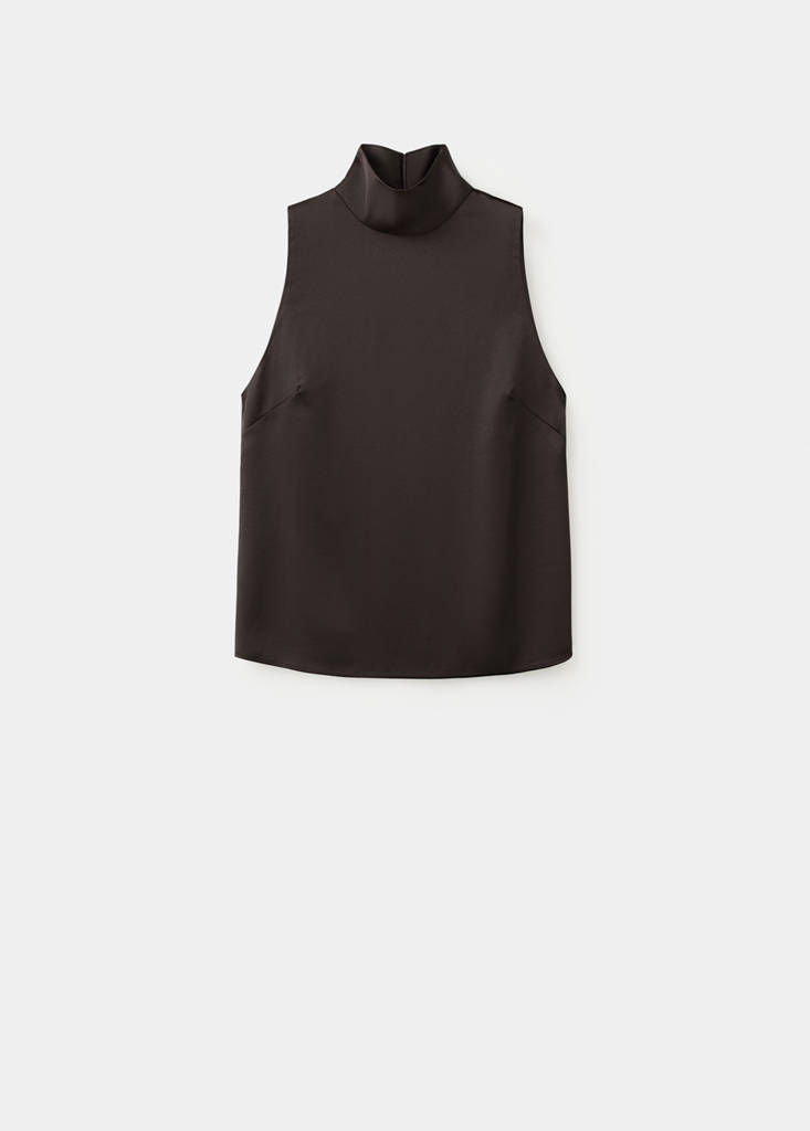High collar satin blouse — Chocolate