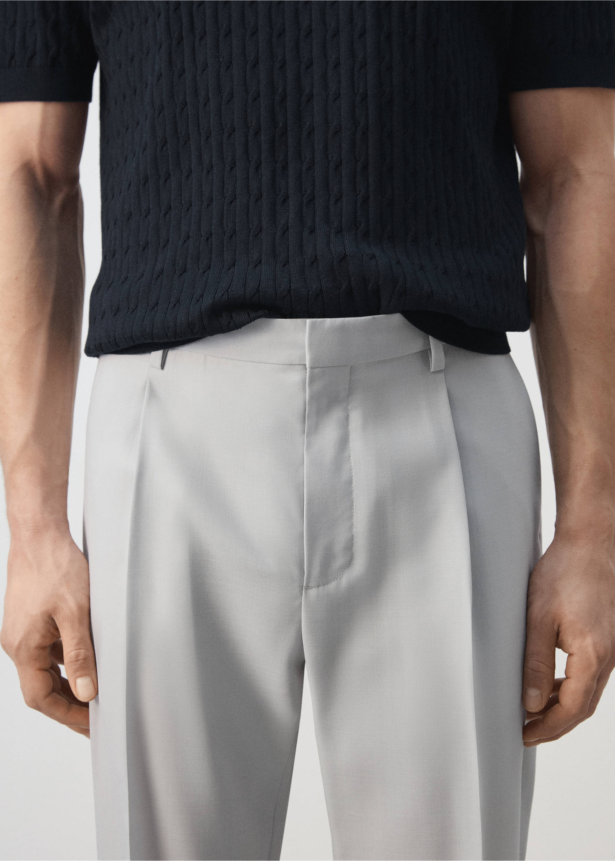 100% virgin wool regular fit trousers - Details of the article 1, Light Heather Grey. Ref: 27035932-01.
