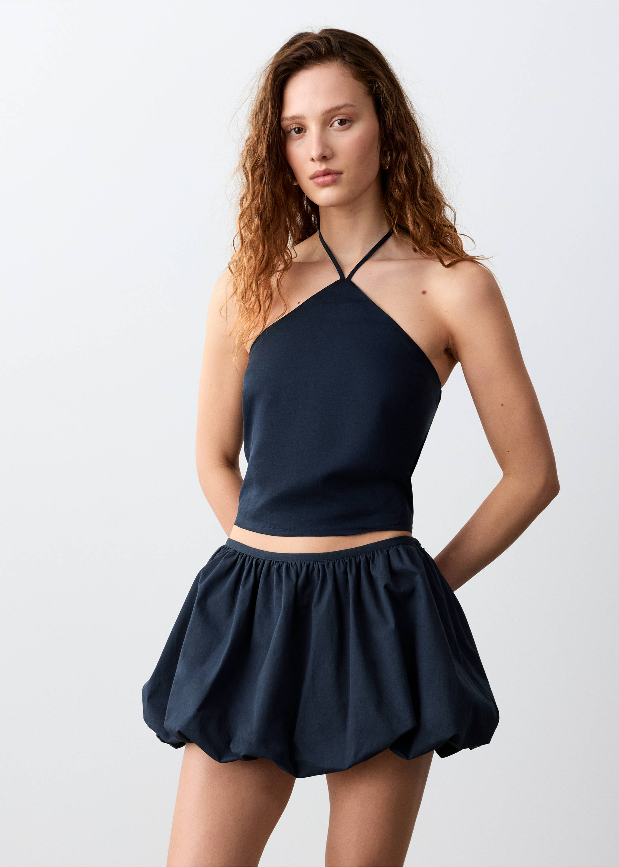 Halter neck tie crop top - Medium plane, Navy. Ref: 27035959-00.