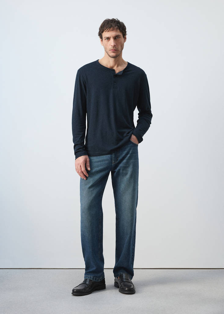 Henley linen-blend T-shirt — Navy