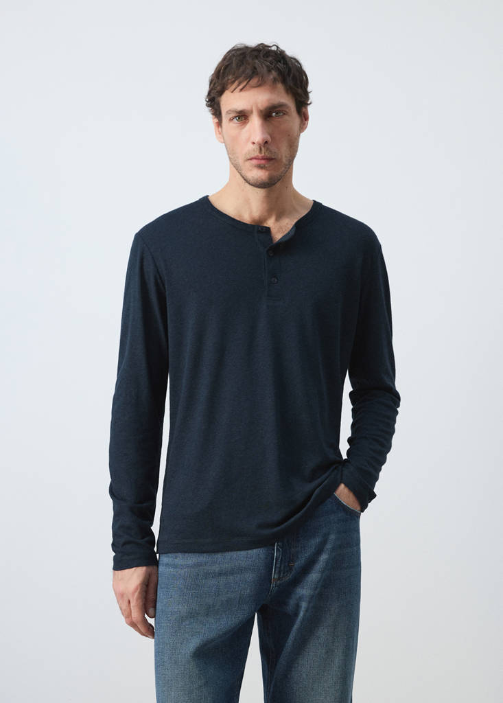 Henley linen-blend T-shirt — Navy
