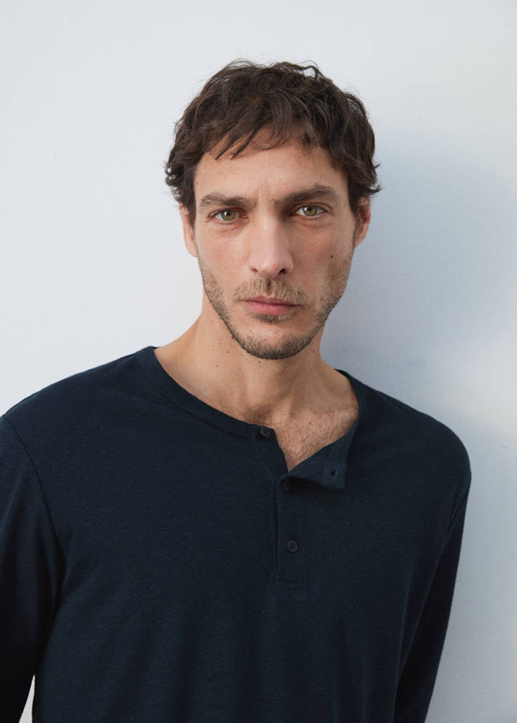 Henley linen-blend T-shirt — Navy