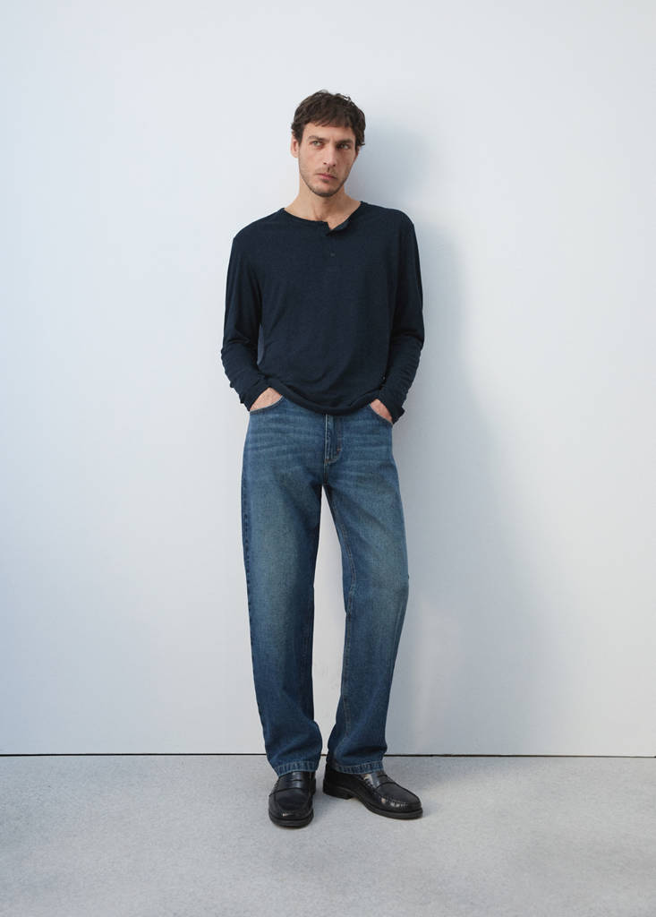 Henley linen-blend T-shirt — Navy