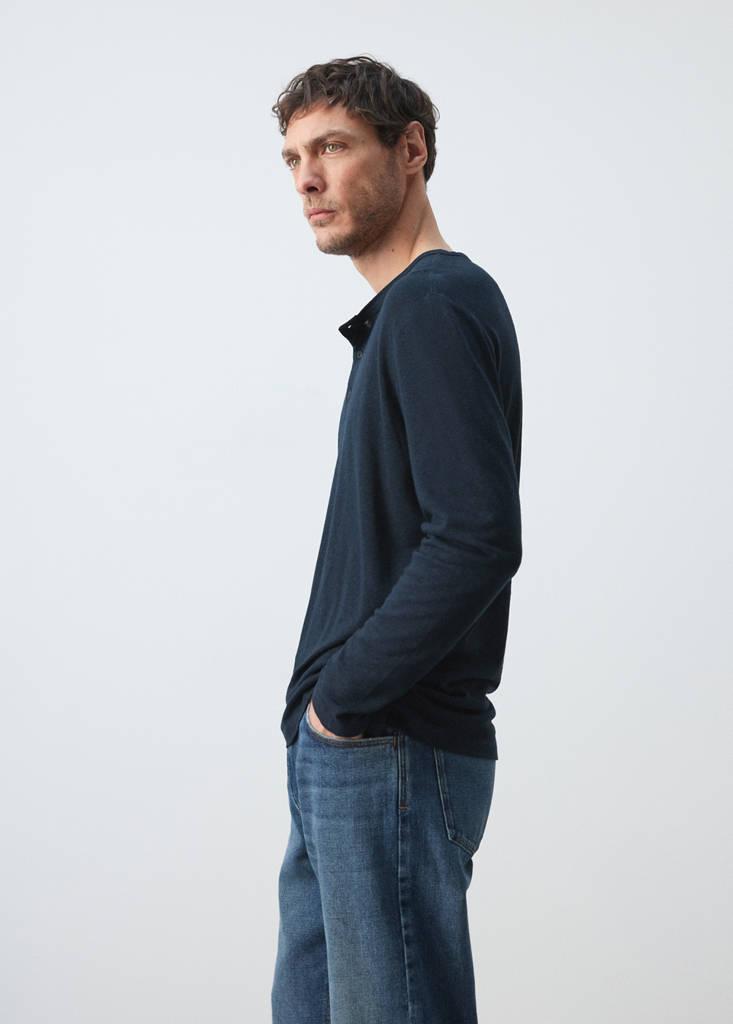 Henley linen-blend T-shirt — Navy