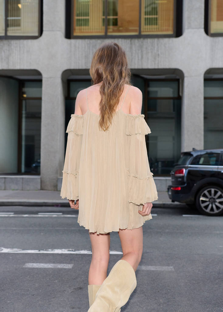 Pleated short dress with bateau neckline — Beige