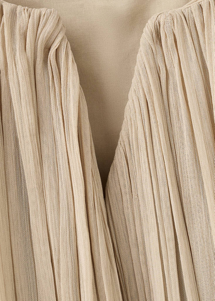 Pleated short dress with bateau neckline — Beige