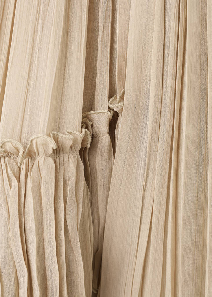 Pleated short dress with bateau neckline — Beige