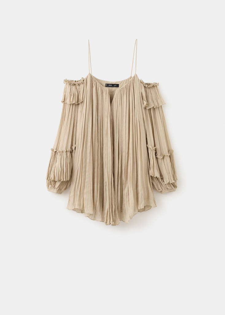 Pleated short dress with bateau neckline — Beige