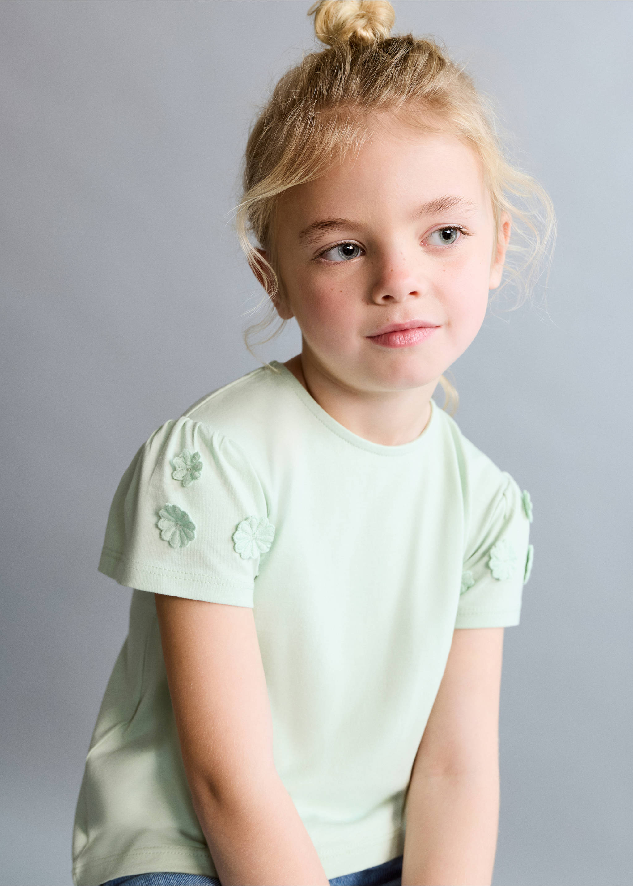 Camiseta algodón detalle flores - Plano general, Verde agua. Ref: 27036340-00.