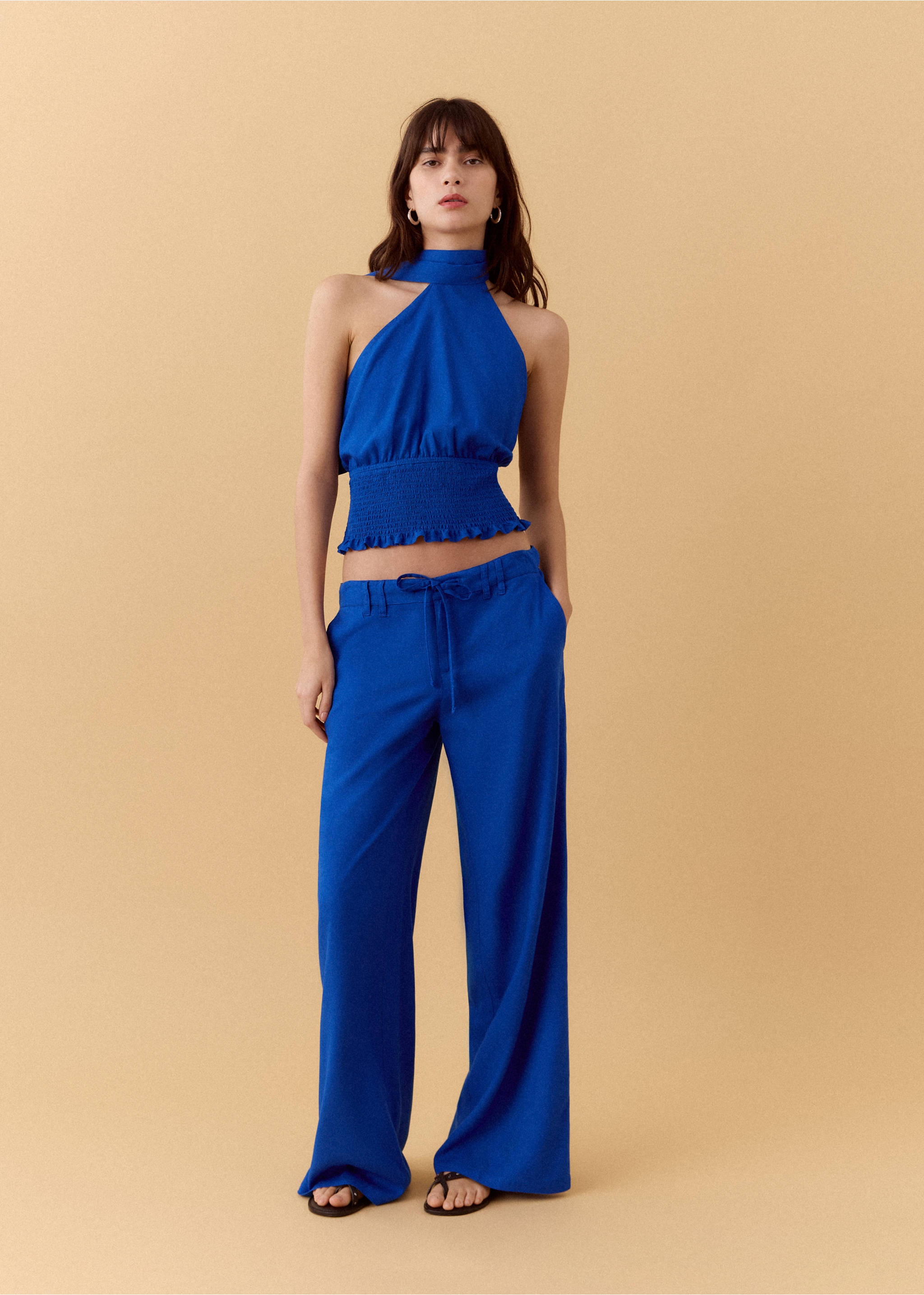 بنطال من الكتان المختلط بتفصيلة مستقيمة - رؤية عامة, أزرق زاهٍ. Ref: 27036349-00.