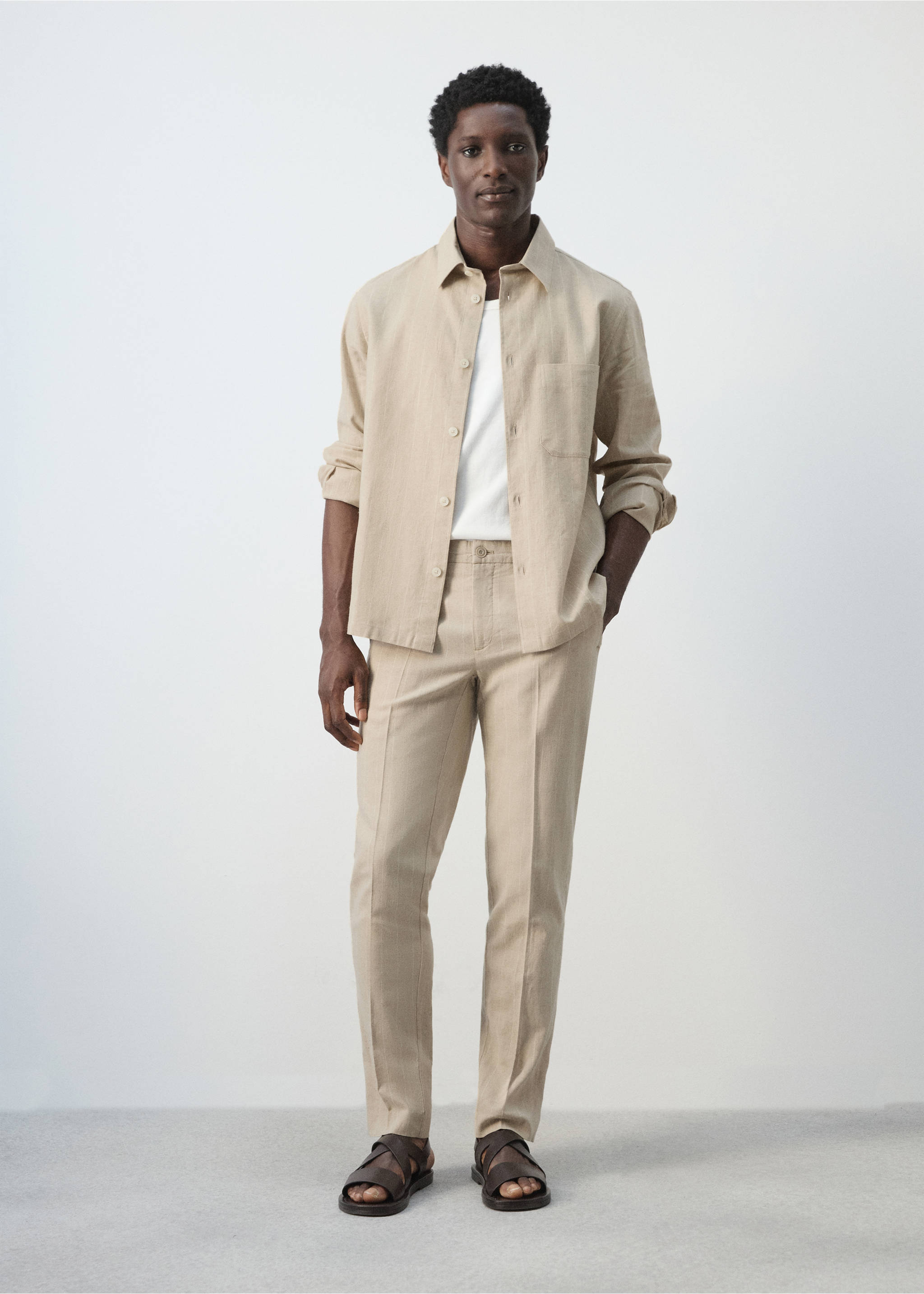 Cotton linen slim fit striped trousers - General plane, Beige. Ref: 27036710-00.