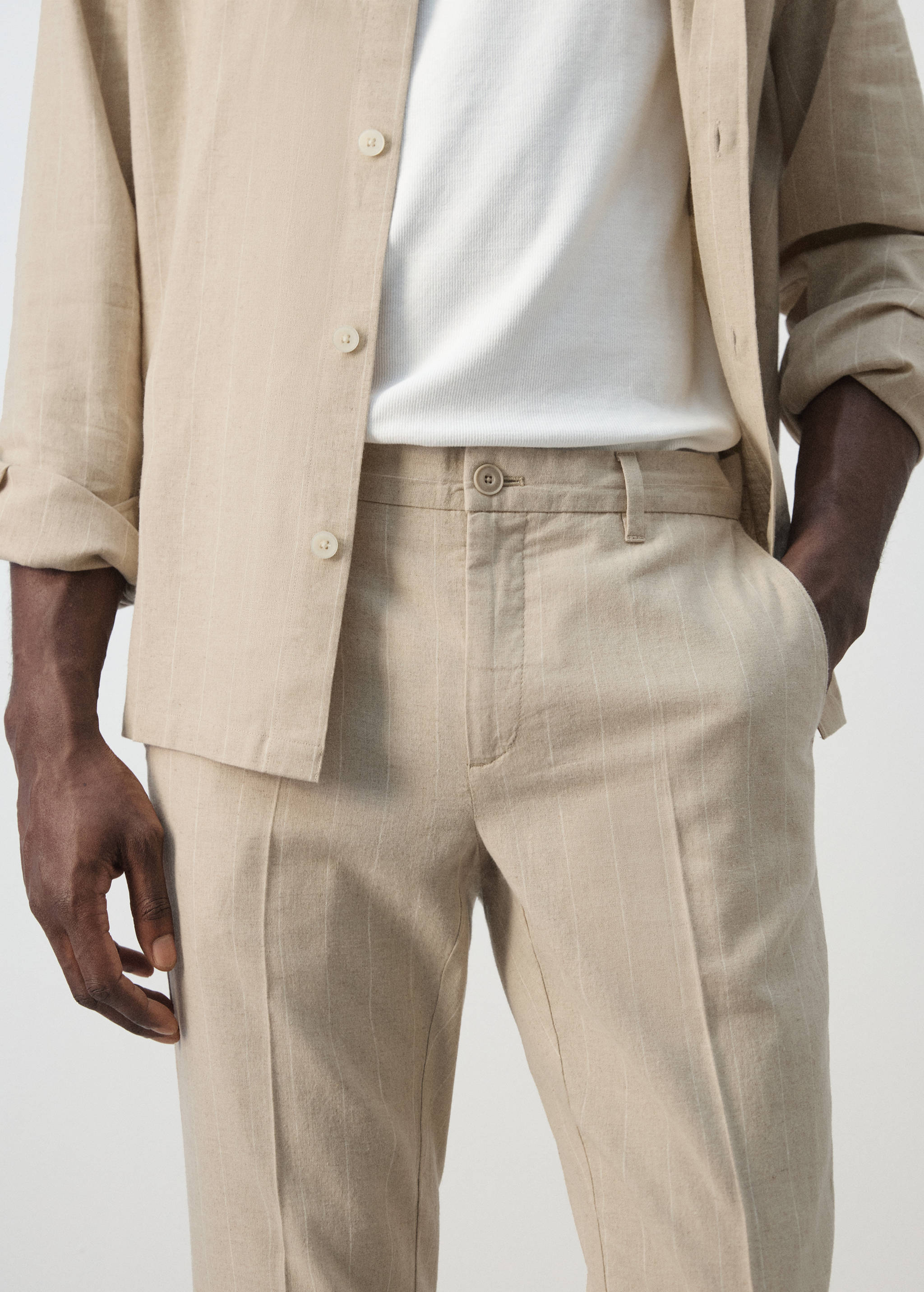 Cotton linen slim fit striped trousers - Details of the article 1