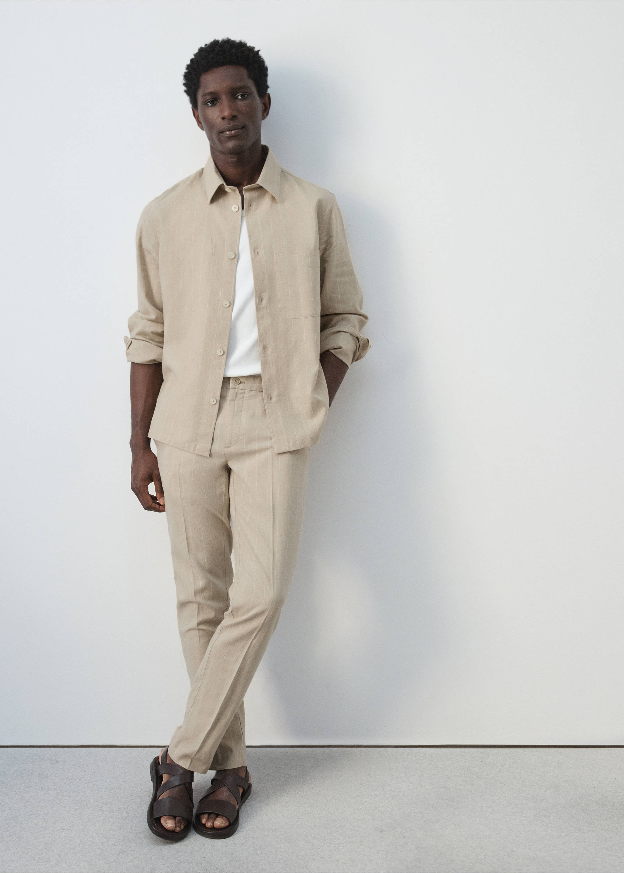 Cotton linen slim fit striped trousers - Details of the article 4, Beige. Ref: 27036710-00.