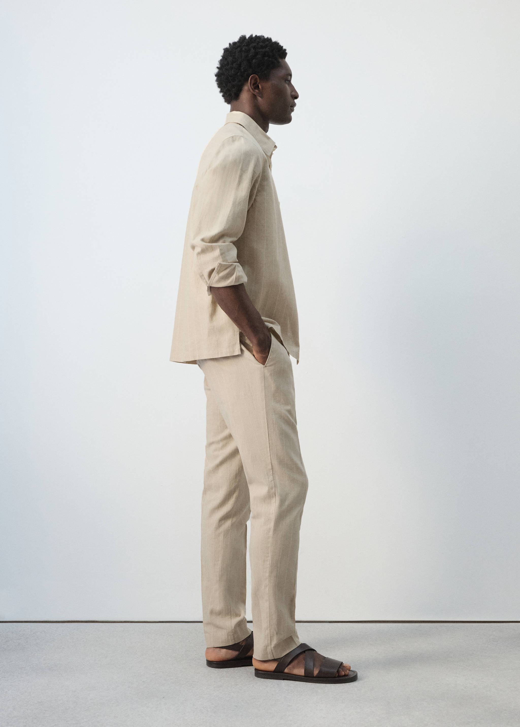 Cotton linen slim fit striped trousers - Details of the article 2