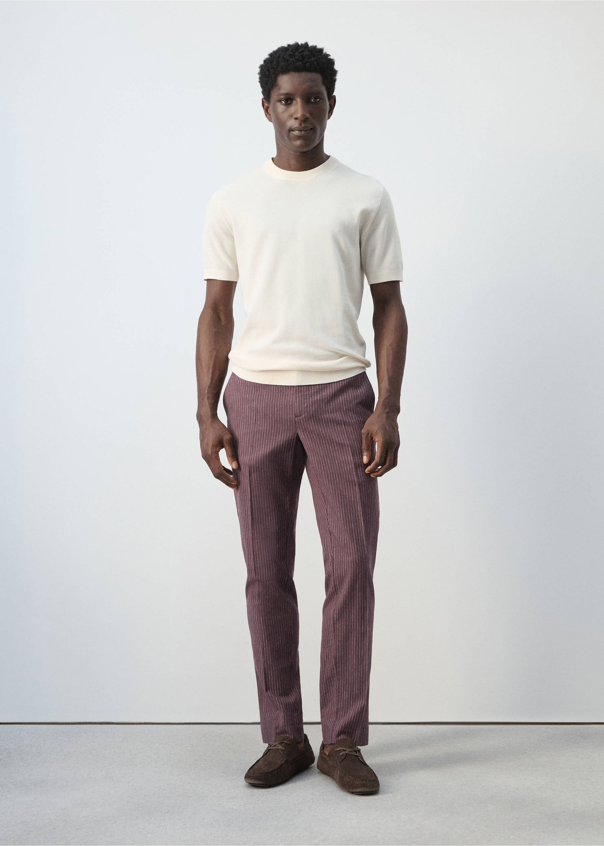 Cotton linen slim fit striped trousers - General plane, Plum. Ref: 27036710-00.