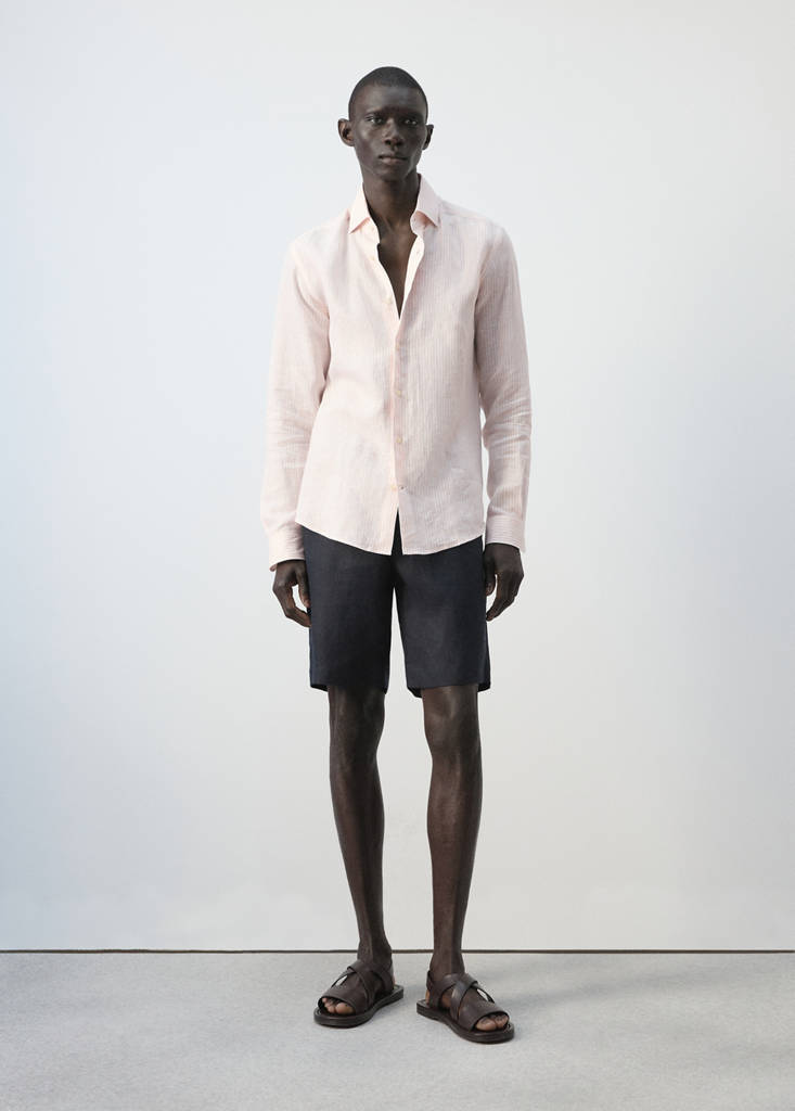 Slim fit 100% linen striped shirt — Peach