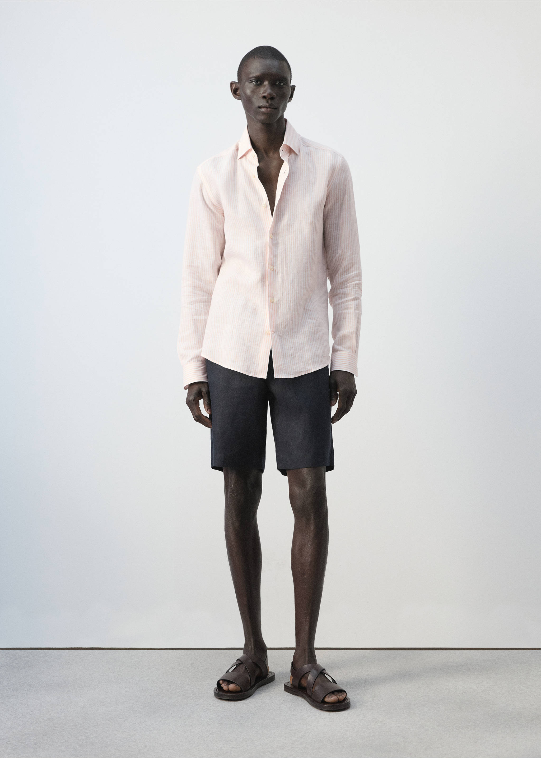 Camisa slim fit 100% lino rayas - Plano general, Melocotón. Ref: 27036711-00.