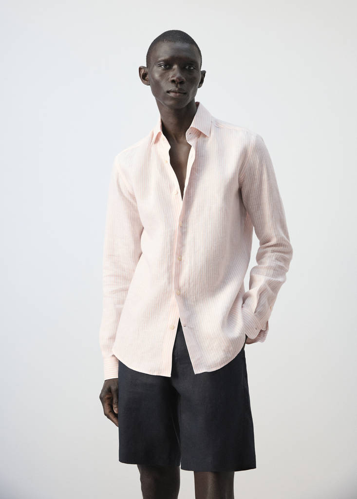 Slim fit 100% linen striped shirt — Peach